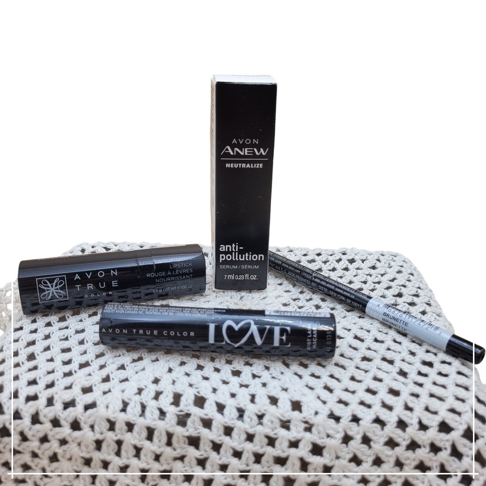 4 pc Avon Beauty Bundle Lipstick Roasted Chestnut Eyeliner Serum Mascara Set NEW
